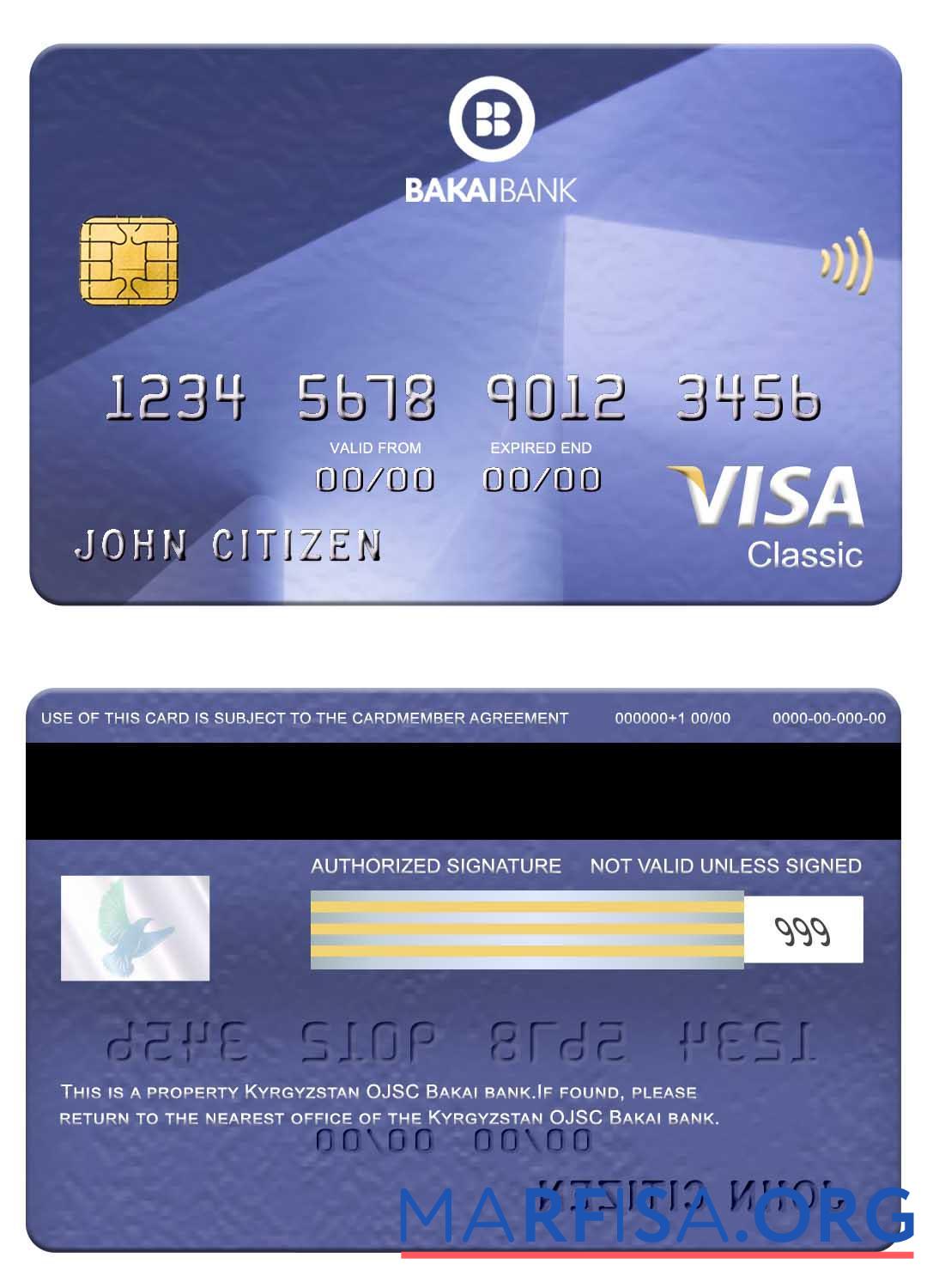 Printable Kyrgyzstan OJSC Bakai Bank visa classic card example